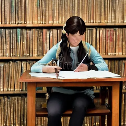 Image similar to Katniss Everdeen as a student, in an exam hall, sitting at a desk, doing her A-Level exams, stock photo