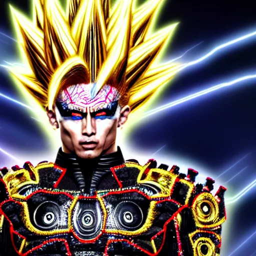 Image similar to uhd photorealistic detailed image of max voltage, the rock and roll emperor, dressed as super saiyan emperor, powering up, wearing extremely intricate costume and makeup, by ayami kojima, amano, and karol bak