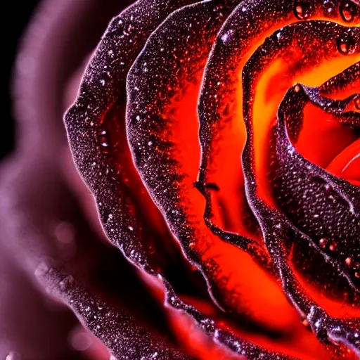 Image similar to award - winning macro of a beautiful black rose made of glowing molten magma