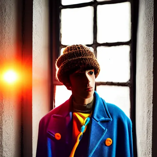 Prompt: un ultra high definition fashion editorial photographic portrait of a young man standing in their unique london art studio wearing all eclectic clothes watching the sun rising through large window. wide angle. three point light. extremely detailed. golden hour, golden ratio, ray tracing, volumetric light, shallow depth of field.