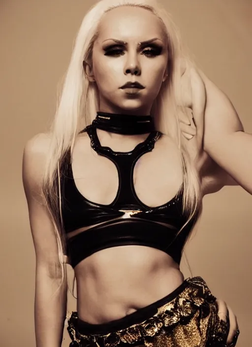 Prompt: kerli koiv in mini skirt and crop top tank top, platform boots, beautiful face, intricate, extremely detailed, modeling photography, 8 0 mm camera, dramatic lighting, dark room, body and face, golden ratio, rule of 3 rds, well proportioned