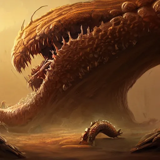 Image similar to a giant worm beast, worm monster, worm mouth, worm round mouth, rock and dust, worm brown theme, bright art masterpiece artstation. 8 k, sharp high quality artwork in style of jose daniel cabrera pena and greg rutkowski, concept art by tooth wu, blizzard warcraft artwork, hearthstone card game artwork, earthworm rising from the ground