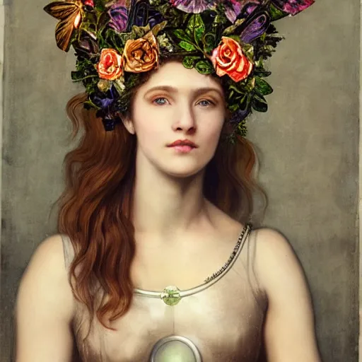 Image similar to portrait of a beautiful young cyborg woman with a big steampunk flower crown and part mechanical face , Pre-Raphaelite