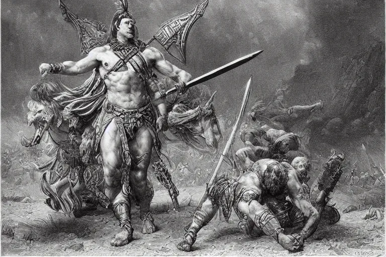 Prompt: highly detailed painting of a warrior barbarian, symmetrical, masterpiece, highly detailed painting by gustave dore