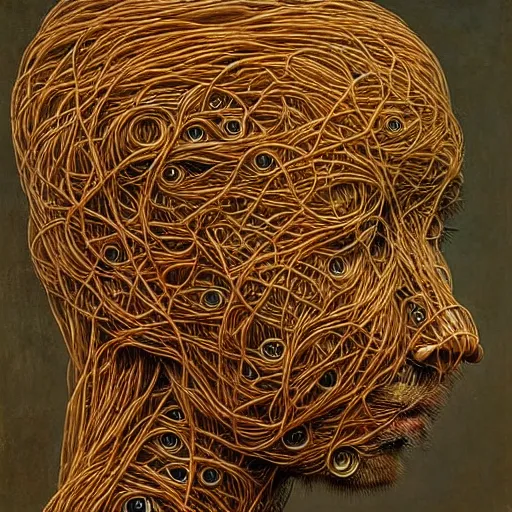 Image similar to half boy half rhino made of spaghetti, by giuseppe arcimboldo and ambrosius benson, renaissance, intricate and wet oil paint, a touch of beksinski, realistic