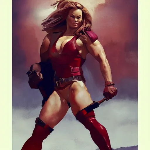 Image similar to greg manchess portrait of margot robbie as thick female bodybuilder lara croft wearing red armour, epic grimdark, fantasy, medium shot, asymmetrical, profile picture, organic painting, sunny day, matte painting, bold shapes, hard edges, street art, trending on artstation, by huang guangjian and gil elvgren and sachin teng