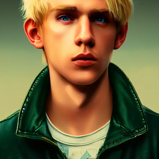 Image similar to A videogame portrait of a blond young Irish man. Dressed in 1980s style. Highly detailed, fine Art, high detail, great lighting, 8k resolution, masterpiece, concept art, illustration, clear eyes, painting oil on canvas, octane render, HDR, trending on artstation, 4k, 8k, HD