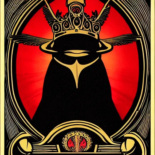 Image similar to Illustrated by Shepard Fairey and H.R. Geiger | a renaissance style portrait painting of raven winged female vampire with VR helmet , wearing a crown and cape, , surrounded by cables, dark background