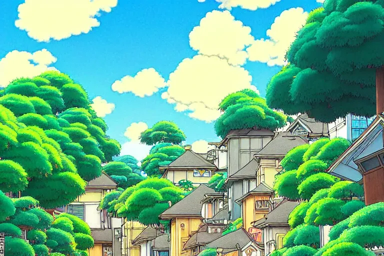 Image similar to an elaborate painting of a peaceful neighborhood, detailed, by studio ghibli!!!!!!!!!!! beautiful golden hour, anime, masterpiece