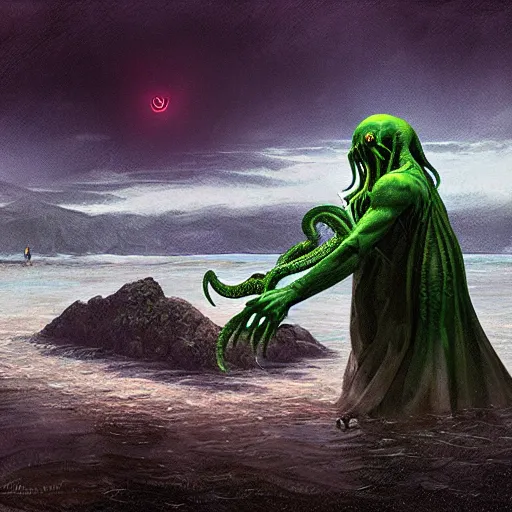Prompt: Cthulhu emerging from the water while a man stands on the shore watching at night by Marc Simonetti