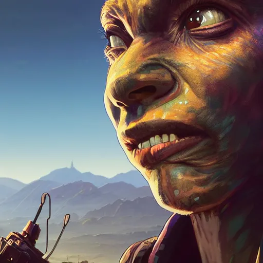 Image similar to highly detailed portrait an alien in gta v, stephen bliss, unreal engine, fantasy art by greg rutkowski, loish, rhads, ferdinand knab, makoto shinkai and lois van baarle, ilya kuvshinov, rossdraws, tom bagshaw, global illumination, radiant light, detailed and intricate environment