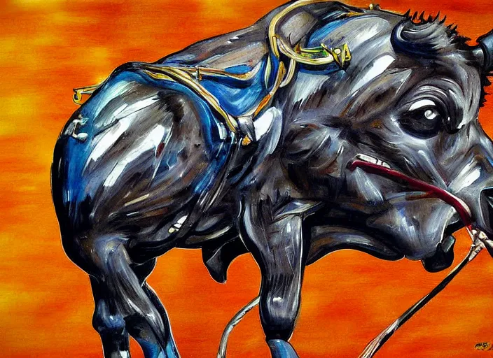 Image similar to mechanical rodeo bull, detailed bull, anime, ralph goings, cartoon styled painting