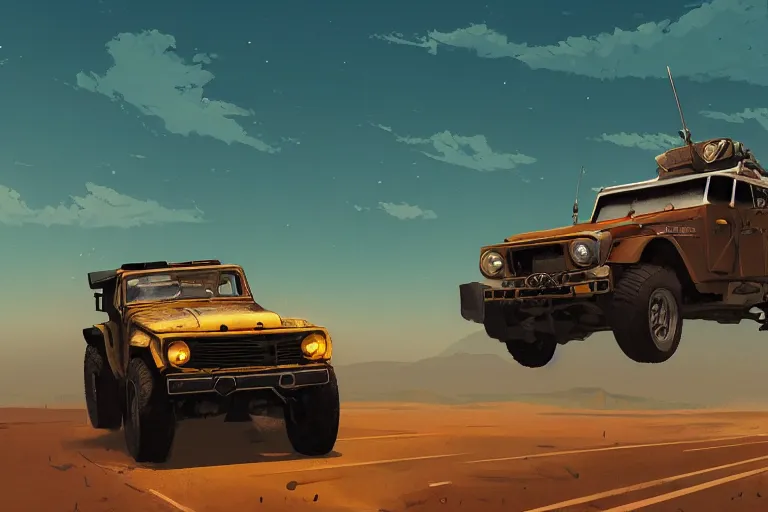 Prompt: digital illustration of mad max's fj 4 0 pursuit special, the last v 8 interceptor driving down a deserted dessert highway in the middle of the day by studio ghibli, anime style, by makoto shinkai, ilya kuvshinov, lois van baarle, rossdraws, basquiat