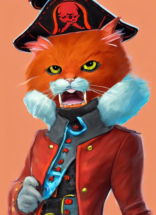 Image similar to digital art of an anthropomorphic orange cat with a red pirate coat and a tricorne hat, smug but playful, realistic, artstation, art by tyler jacobson, highly detailed, colorful, dramatic