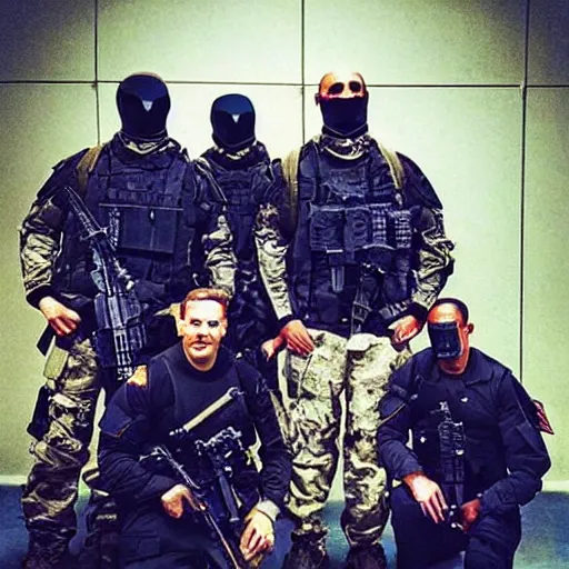 Image similar to “ seal team uniformed founding fathers, posing for an awarding winning photo of osama bin ladin, ultra realist, tactical gear, cyber punk ”