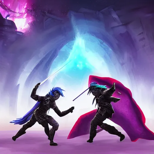Prompt: a duel between 2 ninjas standing in the ruins of crux prime, purple fiery maelstrom in the distance, digital art, artstationhq