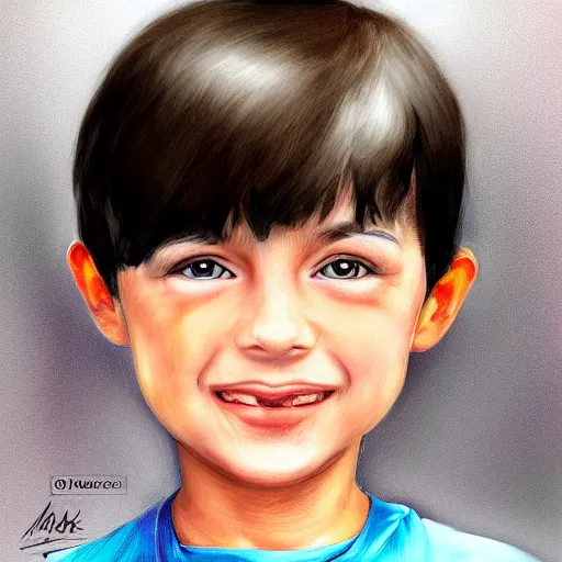 Prompt: a digital portrait of a 7 year old with black hair,hazel green eyes, drawn in the style of mark Arian