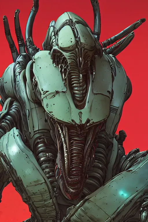 Image similar to a study of cell shaded portrait of a Xenomorph mech as Borderlands 3 concept art, llustration, post grunge, concept art by josan gonzales and wlop, by james jean, Victo ngai, David Rubín, Mike Mignola, Laurie Greasley, highly detailed, sharp focus, alien, Trending on Artstation, HQ, deviantart, art by artgem