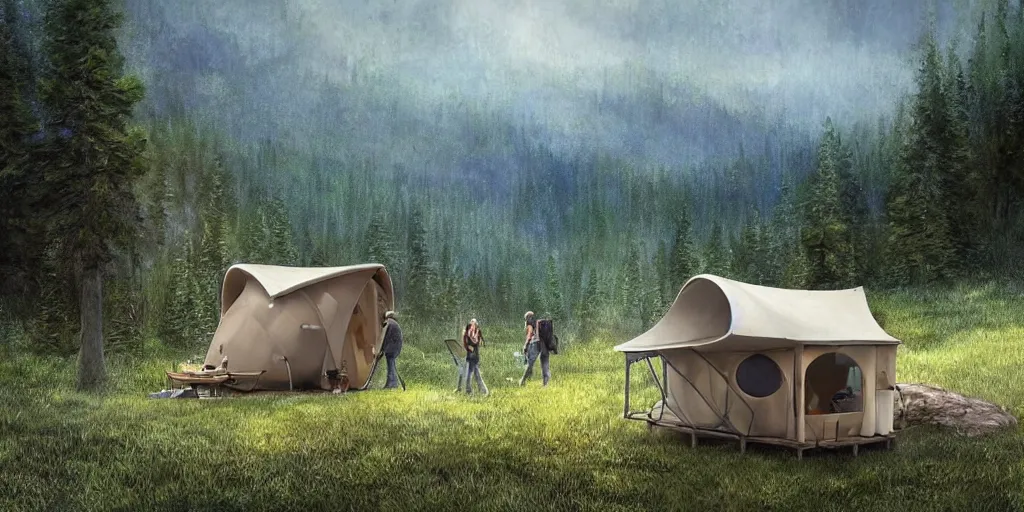 Prompt: cabela's outdoors popup micro - compact modular hard shell pod home, quick assembly, utilitarian, glamping, person in foreground, cliffside mountainous forested wilderness open fields, beautiful views, painterly concept art, joanna gaines, environmental concept art, farmhouse, magnolia, concept art illustration by james gurney, by craig mullins, by greg rutkowski