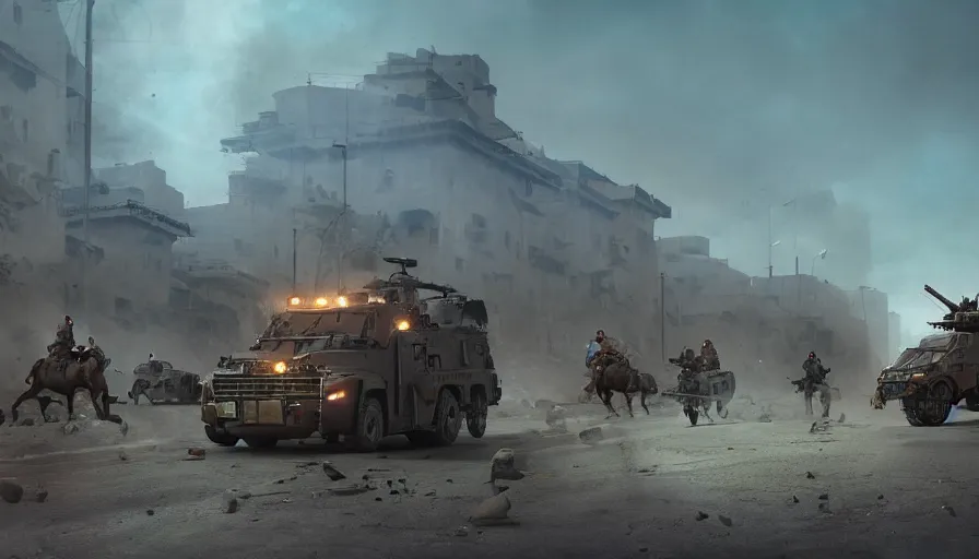 Prompt: a militarized police vehicle with mounted weapons riding through an orwellian egyptian town, troops searching the area, furious action scene, an epic fantasy, dramatic lighting, cinematic, establishing shot, extremely high detail, photorealistic, cinematic lighting, artstation, octane render, by simon stalenhag, horizon forbidden west