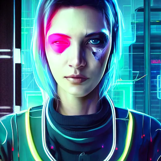 Image similar to “high detail portrait of a Cyberpunk girl, digital art, concept art, neon colors, studio lightning, high contrast, sharp focus, hiperrealist, photorealist, Artstation HQ, DeviantArt, cybernetics, techwear, urban samurai, netrunner, Shadowrun, Cyberpunk 2077, Deus Ex, 4k UHD, Unreal Engine 5”