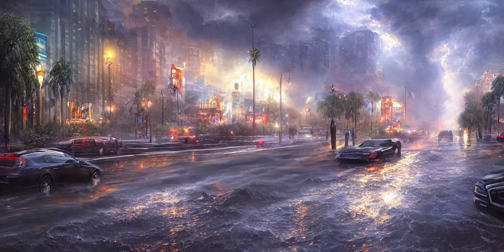 Image similar to hollywood boulevard hit by a biblical flood during a storm, dramatic lighting, beautiful, stunning landscape artwork by artgerm, rutkowski, wlop highly detailed, photorealistic