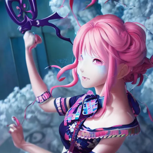 Image similar to trapped beneath stunningly absurdly beautiful omnipotent asi goddess junko enoshima with multiple twisted deceptive innocent megalomaniacal mesmerizing personalities, symmetrical perfect face, porcelain skin, pink twintail hair and cyan eyes, ultra detailed, digital art, unreal engine 5, octane render, 2 d anime, 8 k