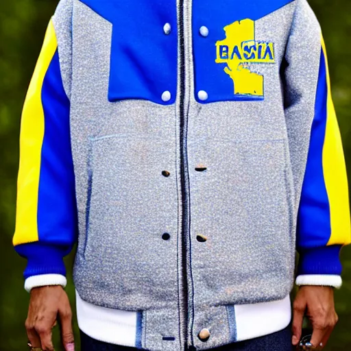 Image similar to realistic photo of casual barack obama wearing a royal blue varsity jacket with yellow sleeves