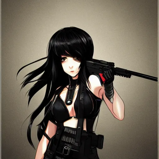 Image similar to upper body portrait of a beautiful girl with long black hair, wearing black riot gear, holding AR-15, drawn by WLOP, by Avetetsuya Studios, attractive character, colored sketch anime manga panel, trending on Artstation