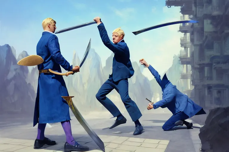 Image similar to a blond man in a blue suit with swinging a sword at an asian man, organic painting, sunny day, matte painting, bold shapes, hard edges, street art, trending on artstation, by huang guangjian, gil elvgren, ruan jia, randy vargas, greg rutkowski