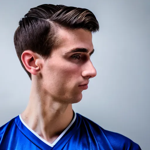 Image similar to a portrait of a young Caucasian man with short brown hair that sticks up in the front, blue eyes, groomed eyebrows, tapered hairline, sharp jawline, wearing a volleyball jersey, sigma 85mm f/1.4, 15mm, 35mm, 4k, high resolution, 4k, 8k, hd, highly detailed, full color, Kodak Kodachrome Film