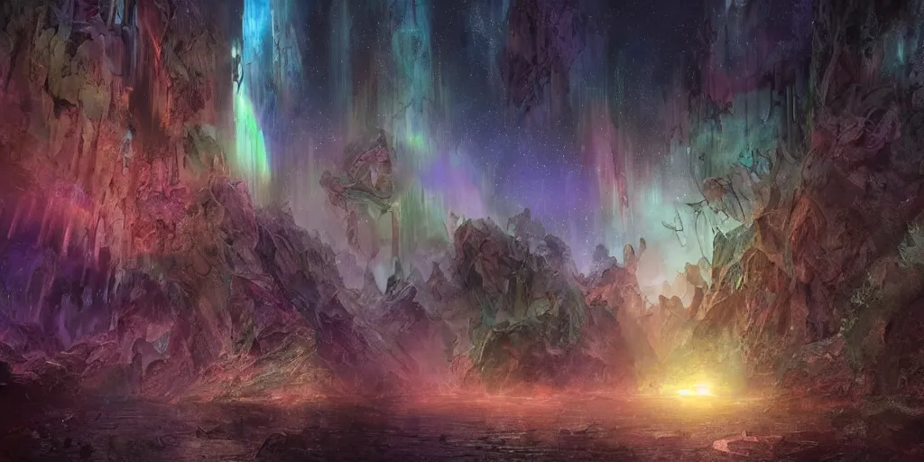 Prompt: hyperrealistic mixed media art of a ditkoverse by steve ditko, aurora borealis in the sky, low angle, stunning 3d render inspired art by Renato muccillo and Andreas Rocha and Johanna Rupprecht + symmetry + deep volumetric lighting, 8k octane beautifully detailed render, post-processing, extremely hyperdetailed, intricate complexity, epic composition, mystical foreboding atmosphere, cinematic lighting + masterpiece, trending on artstation