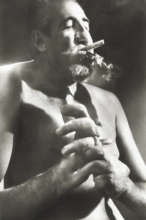 Image similar to a recent photograph of god smoking a cuban cigar by man ray