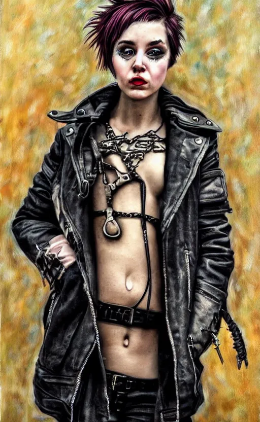 Image similar to cute punk rock girl making selfie, mad max jacket, renaissance, cables on her body, hyper realistic style, oil painting, fantasy by Olga Fedorova