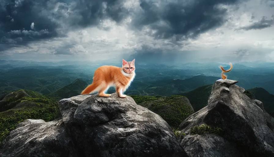 Prompt: a long hair mixed siamese cat standing on the peak of a mountain range, looking far, digital art, epic lighting, epic composition, 4 k