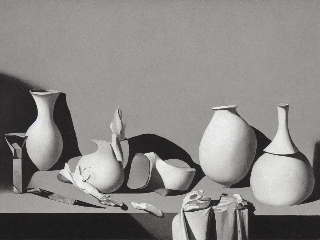 Image similar to Still life with white vase, ceramic pot, dried flower, hand holding a knife, absurd architectural model. Painting by Zurbaran, Karl Blossfeldt, Morandi, Escher