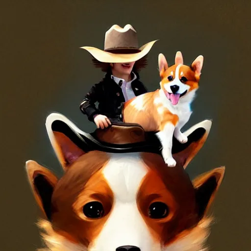 Image similar to tiny cat girl in cowboy hat riding on the back of a giant corgi by greg rutkowski