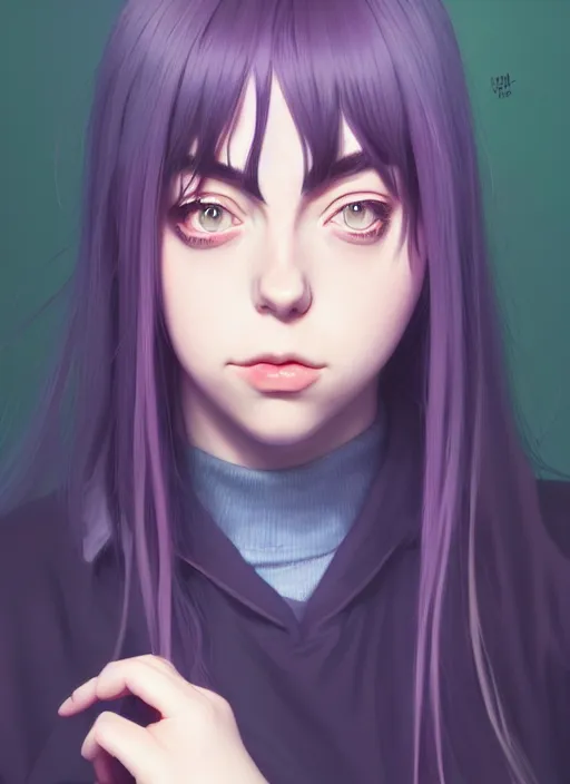 Image similar to a potrait of billie eilish as an anime, fine, realistic, shaded, lighting, ilya, kuvshinov, katsuhiro, artgerm, jeremy, lipkin, michael, garmash detailed digital art, radiant, light, detailed, intricate, environment