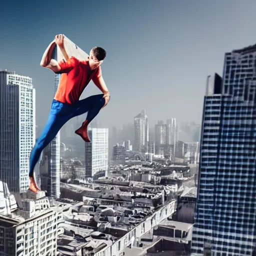 Prompt: man with superpowers lifting a building, sideways building, 4 k detailed picture