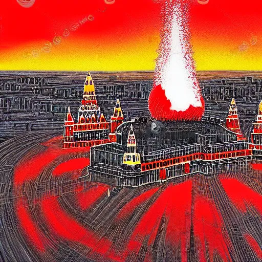 Image similar to huge nuclear explosion, red square moscow, nuclear explosion wave, photorealistic, detailed, masterpiece