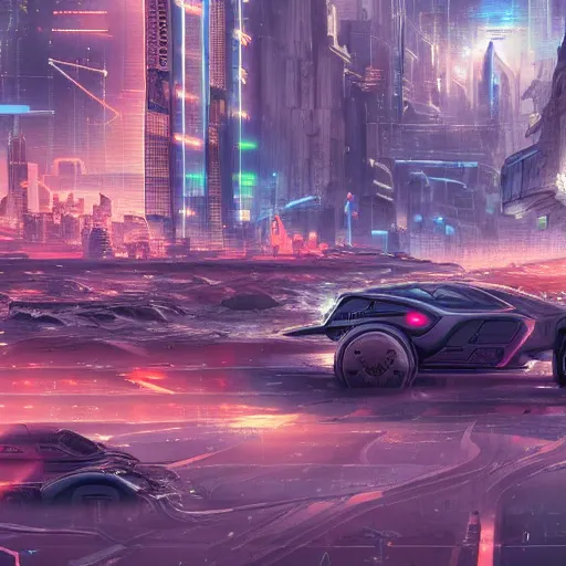 Image similar to futuristic city with neon lights and flying cars panoramic view surrounded by post apocalyptic wasteland, concept art, 4 k, intricate detail, sharp focus, by feng zhu