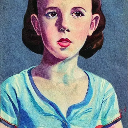 Prompt: “Millie Bobby Brown portrait, color vintage magazine illustration 1950”