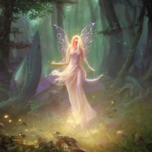 Image similar to a divine fairy druid forest goddess ascending into a new universe, in the style of wlop and vanessa lemen and charlie bowater, illustration, epic, fantasy, hyper detailed, unreal engine, ray tracing