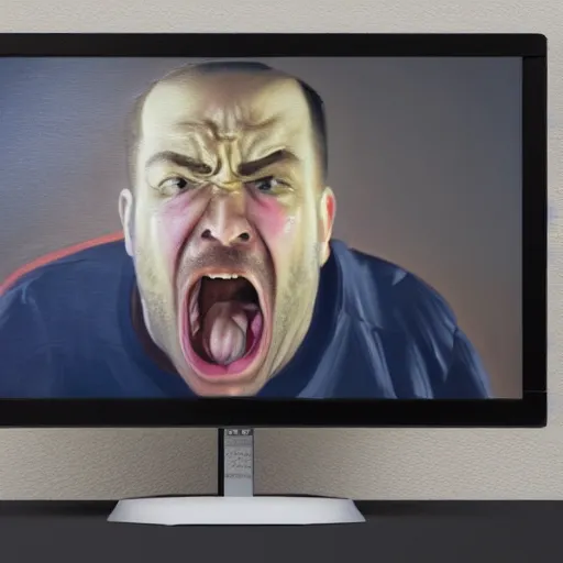 Prompt: an angry man yells at his computer monitor, oil on canvas, highly detailed, high resolution