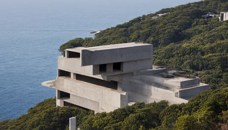 Image similar to big brutalist base perched on a cliff overlooking a magnificient bay, drawing architecture, pritzker architecture prize, greig fraser