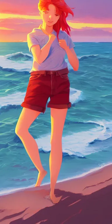 Image similar to lois van baarle, artgerm, helen huang, by makoto shinkai and ilya kuvshino, rossdraws, illustration, art by ilya kuyshuno. cute scarlet red haired cyborg woman, denim shorts, at beach at sunset, beautiful face, smiling, clean cel shaded vector art, exaggerated proportions