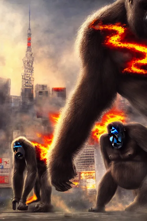 Image similar to concept art of huge gorilla fight with gorilla on burning tokyo city, cinematic composition, perfect lighting, art station trending