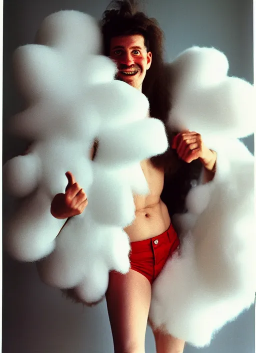 Image similar to realistic photo portrait of the friends, white carnival fluffy mask, wearing hairy fluffy cotton shorts, dancing in the spacious wooden polished and fancy expensive wooden room interior with many cloud sculptures 1 9 9 0, life magazine reportage photo