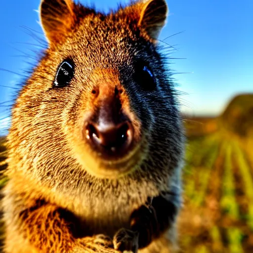 Image similar to quokka taking a selfie, golden hour, realistic