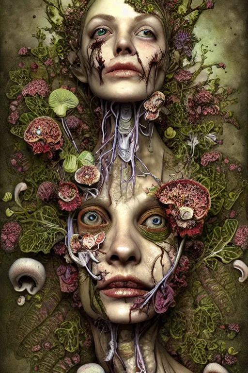 Image similar to beautiful and detailed rotten woman corpse with fractal plants and fractal flowers and mushrooms growing around, face muscles, veins, arteries, intricate, ornate, surreal, ray caesar, john constable, guy denning, dan hillier